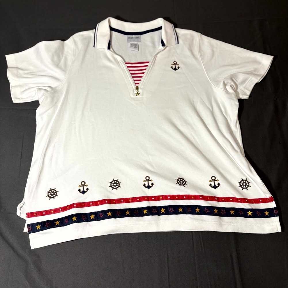 BonWorth Polo Shirt Womens Petite Large Cream Anchor Ship July 4 Quarter Zip